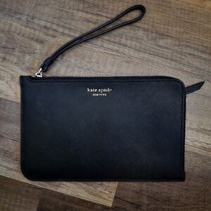 kate spade Black Leather Wristlet Clutch with Gold Logo